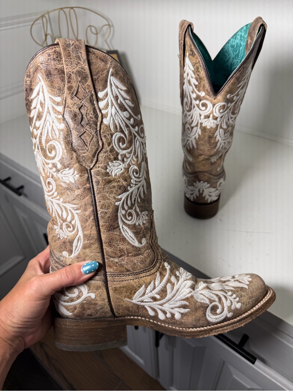 Corral Boots Womens 7.5M Brown White Embroidered Cowboy Boots Western Floral - Picture 7 of 9